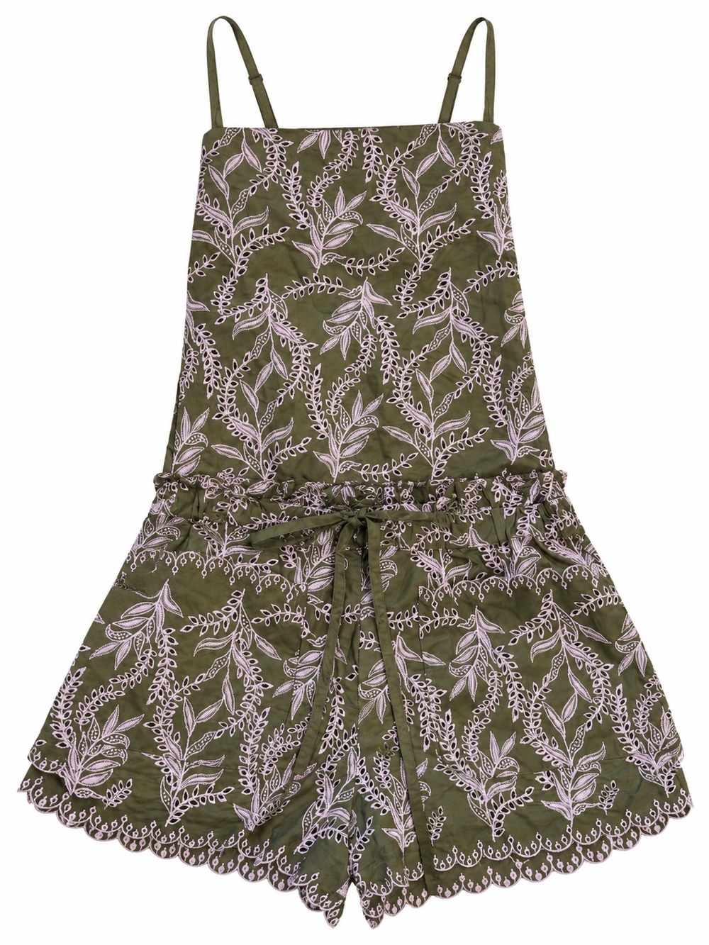 Olive Green Floral Eyelet Romper with Adjustable Straps